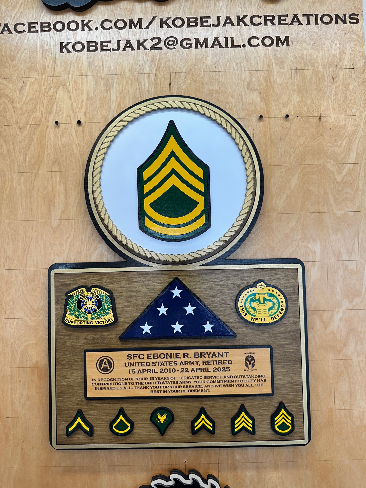 Retirement Plaque with Wooden Flag & Ranks