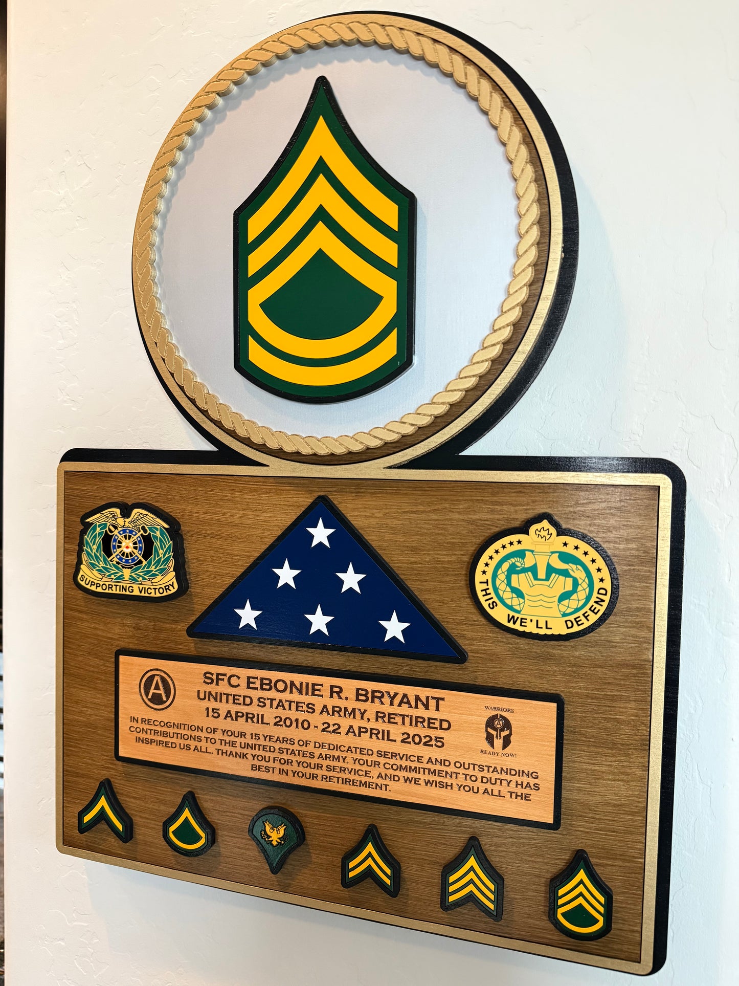 Retirement Plaque with Wooden Flag & Ranks